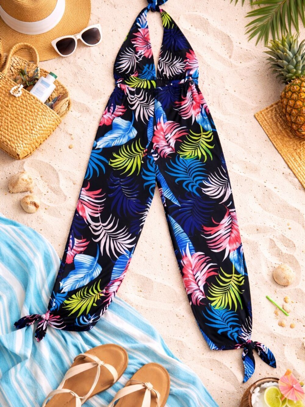 Blihe LA Tropical Leaf Halter Jumpsuit Tie Ankles Resort Festival